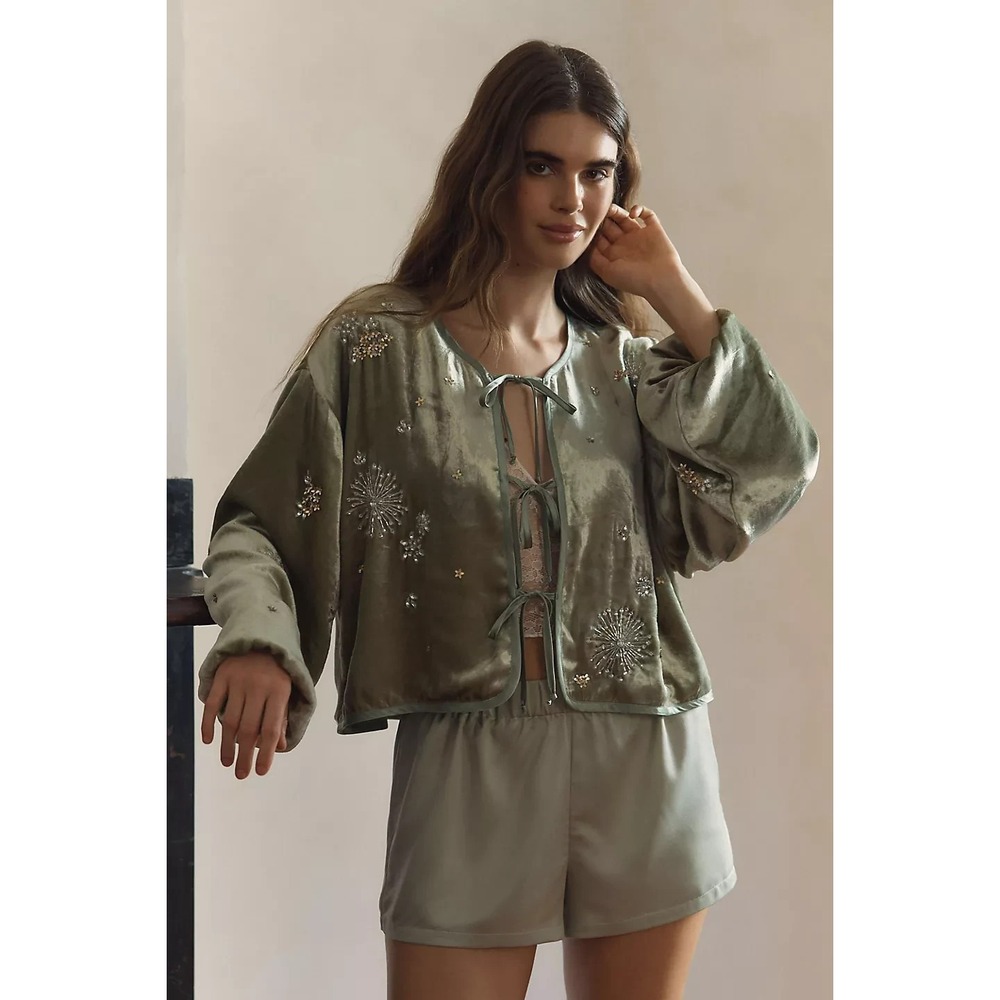 LyreBird Anthropologie Kimono Jacket Womens Small Green Velvet Beaded Sequin